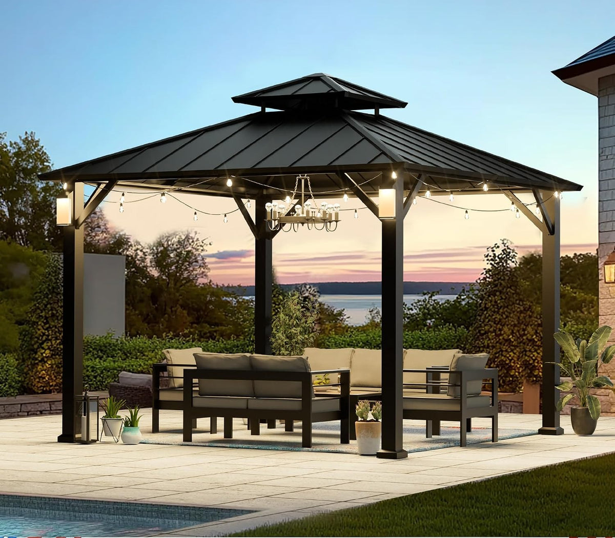 Black 10'x10' Hardtop Gazebo With LED Lights