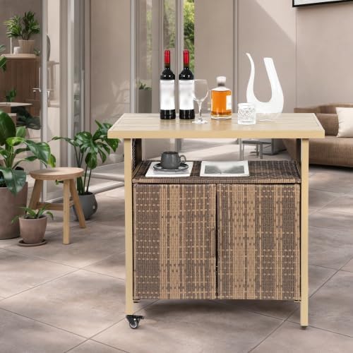 Beige Wicker Rolling Outdoor Bar Cart