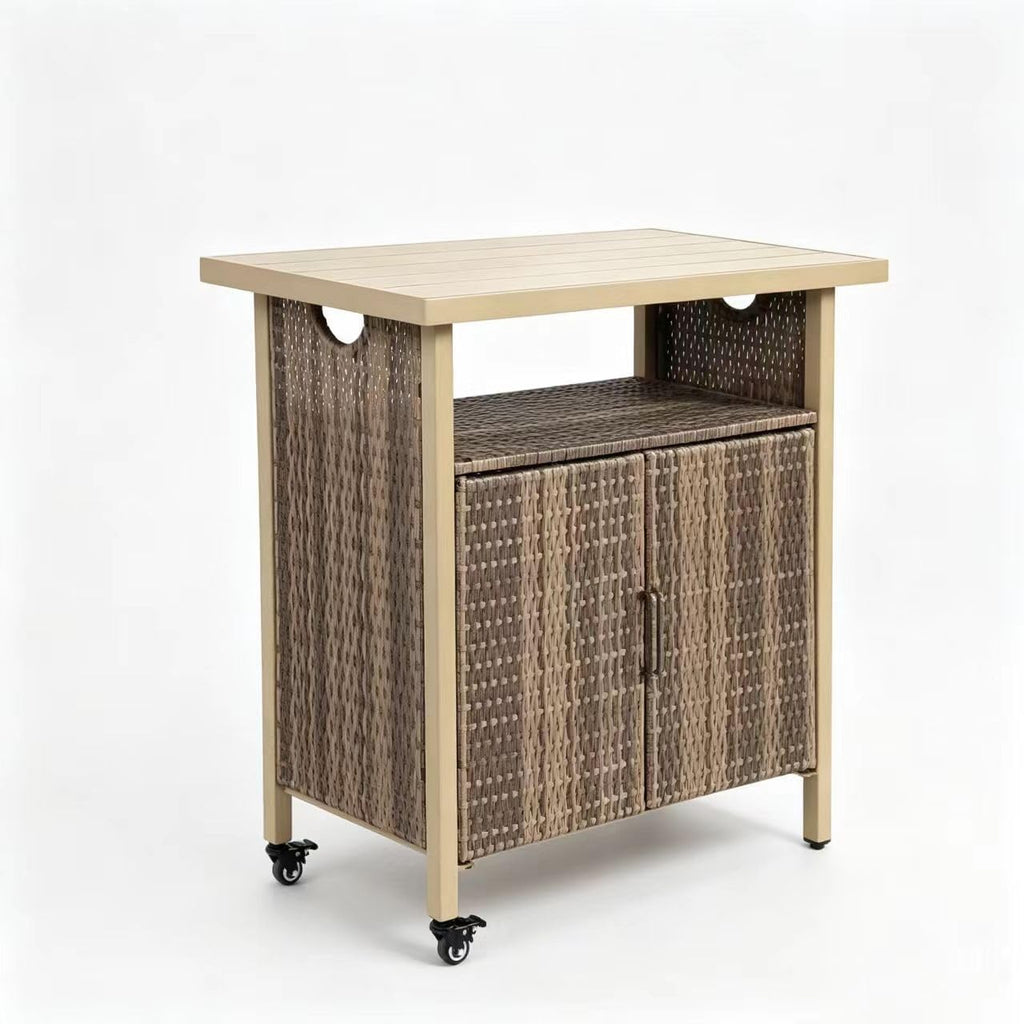 Beige Wicker Rolling Outdoor Bar Cart