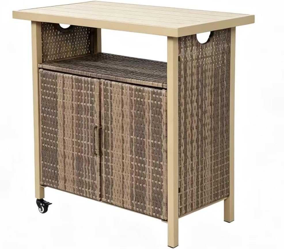 Beige Wicker Rolling Outdoor Bar Cart