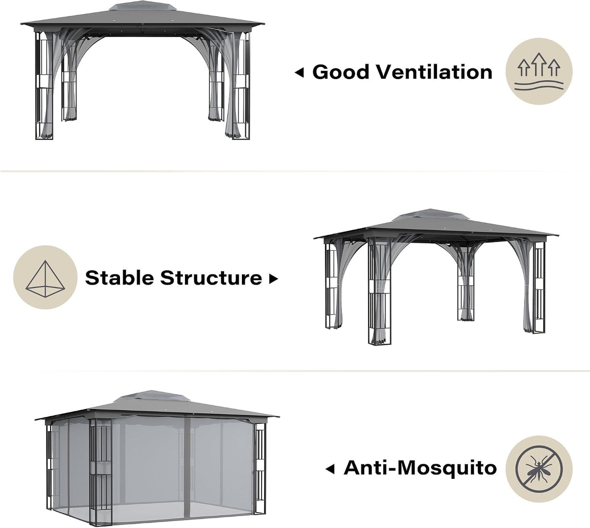 Gray 13'x11' Steel Double‑Tier Roof Gazebo