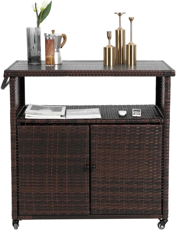 Wicker Rolling Outdoor Bar Cart With Storage
