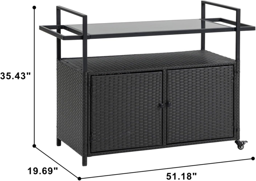 Black Wicker Rolling Outdoor Bar Cart