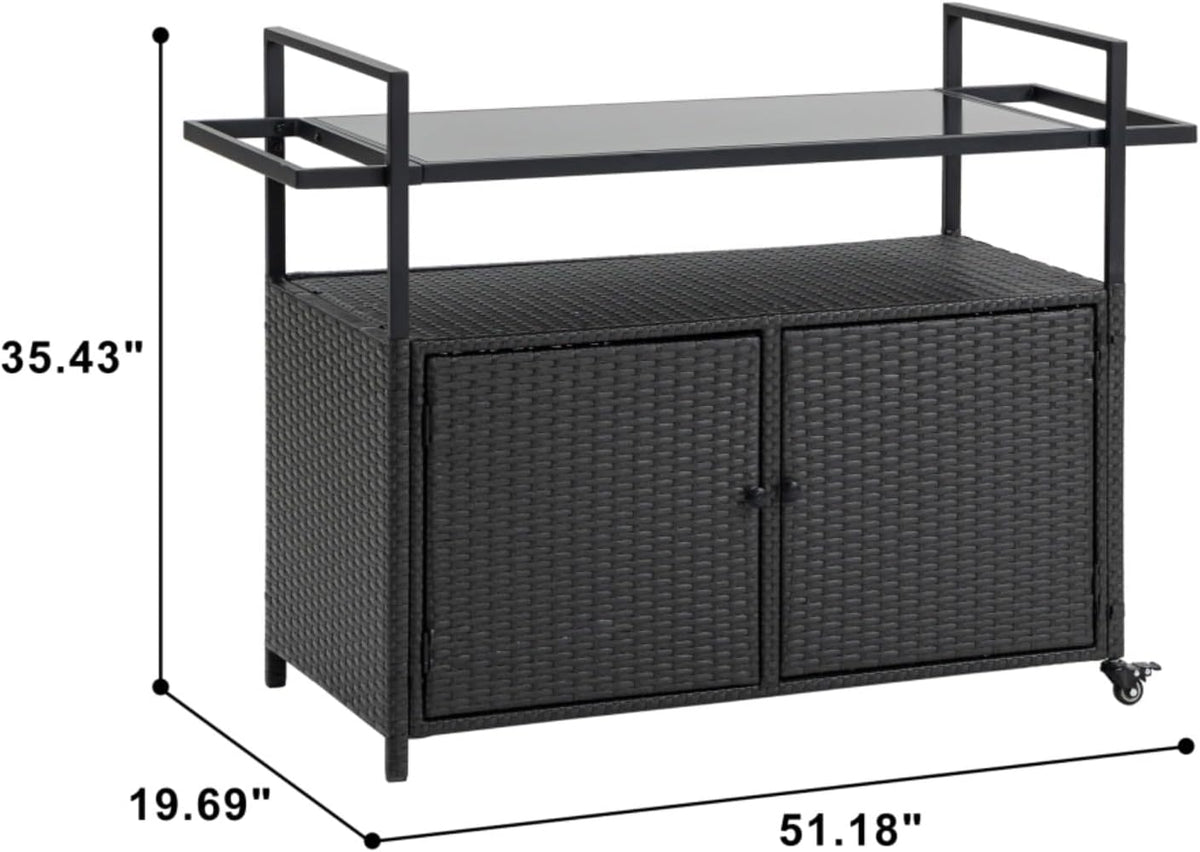 Black Wicker Rolling Outdoor Bar Cart