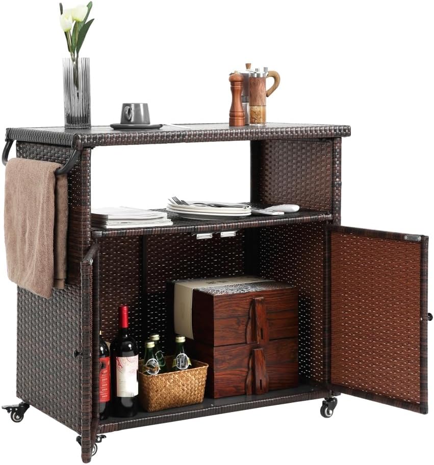 Wicker Rolling Outdoor Bar Cart With Storage