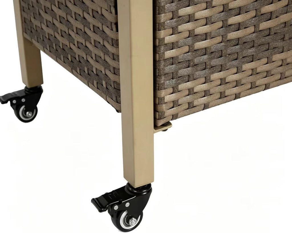Beige Wicker Rolling Outdoor Bar Cart