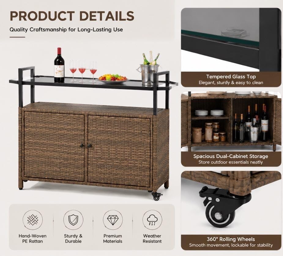 Brown Wicker Rolling Outdoor Bar Cart
