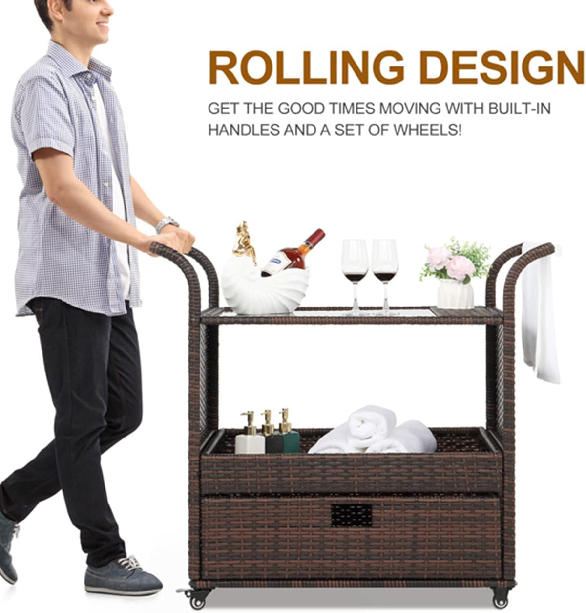 Wicker Outdoor Rolling Bar Cart