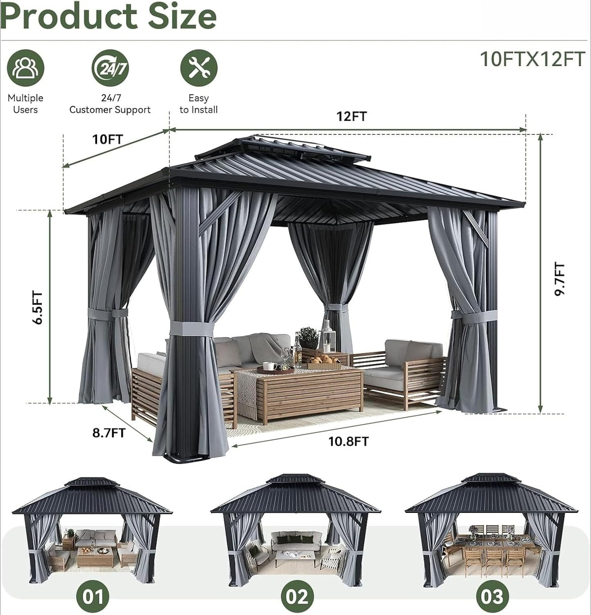 Gray 10'x12' Hardtop Gazebo With Curtain & Netting