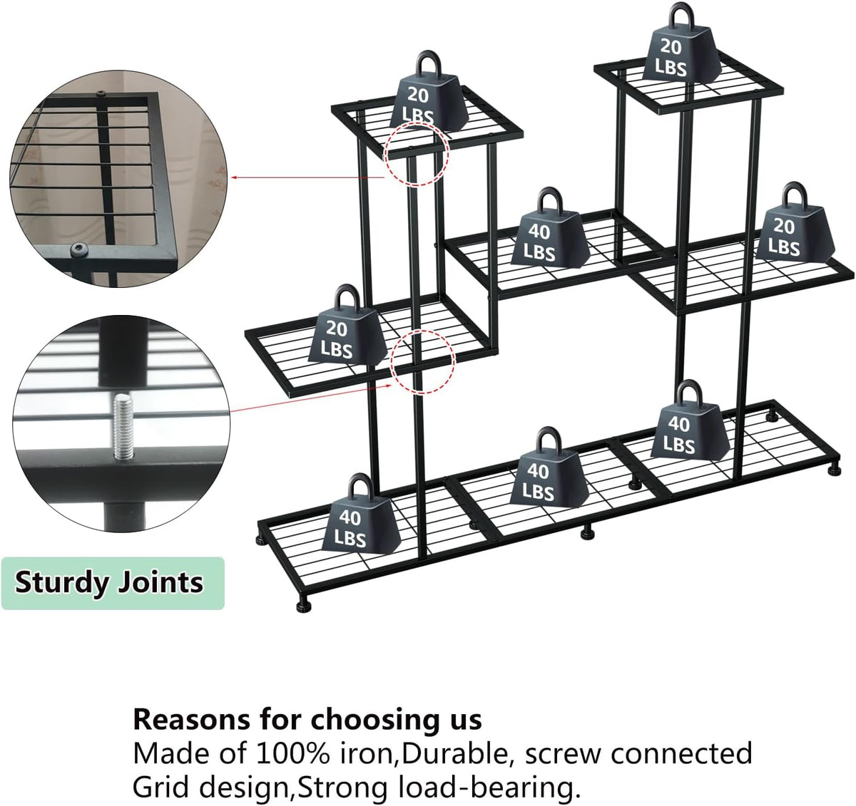 Black 4‑Tier Metal Plant Stand For 12 Pots