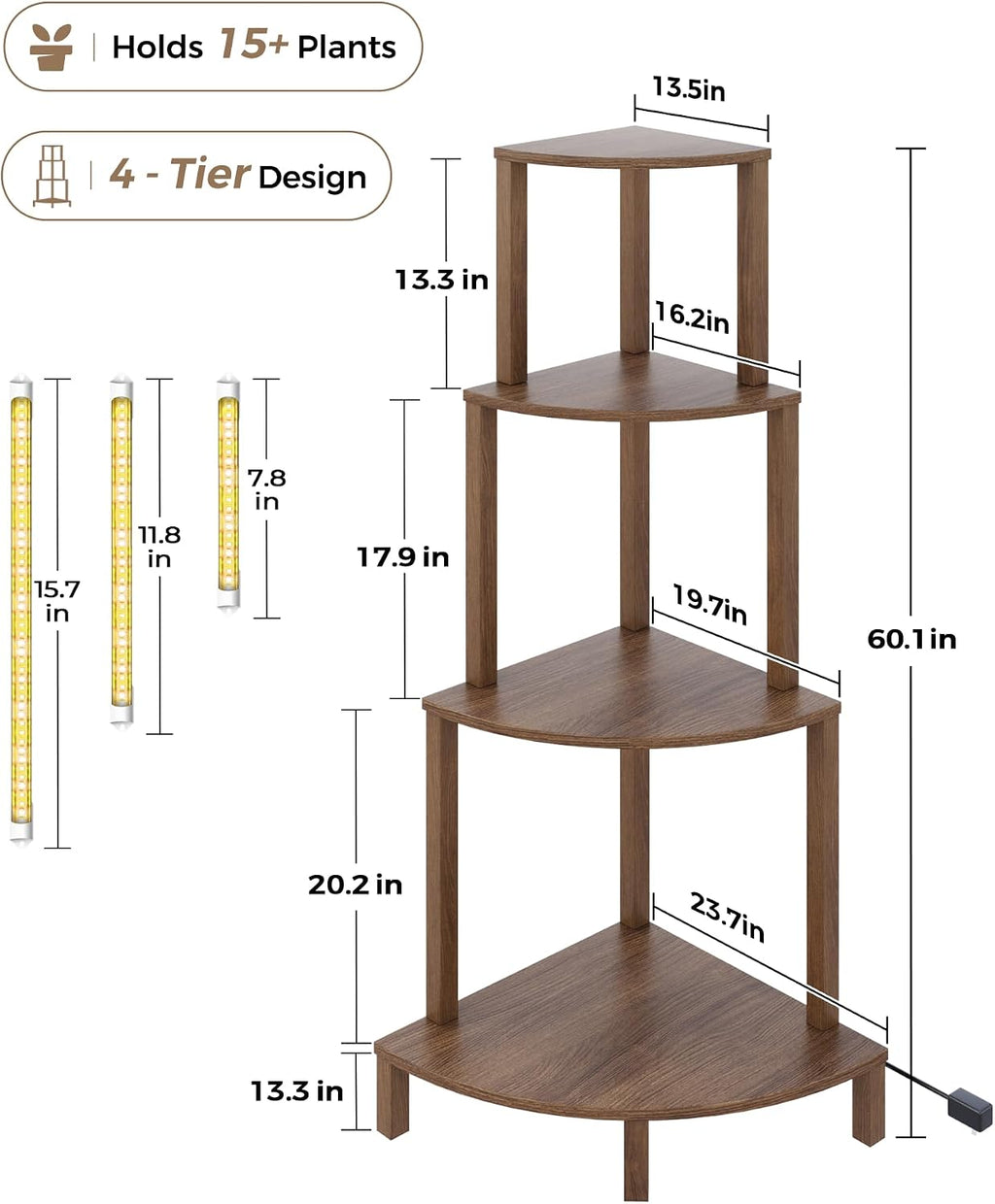 4‑Tier Wood Corner Plant Stand With Grow Lights