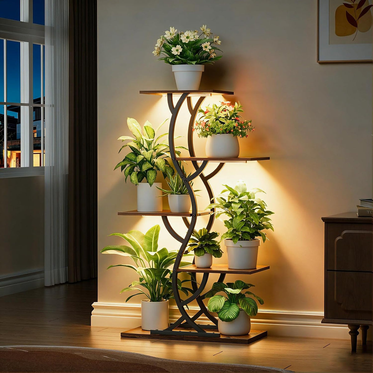 Brown 5‑Tier S‑Shape Plant Stand With Grow Lights