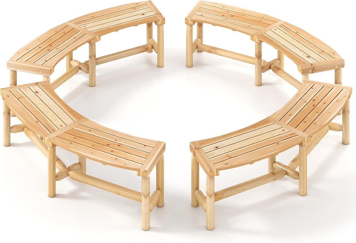 Natural Solid Wood Curved Fire Pit Bench Set‑4