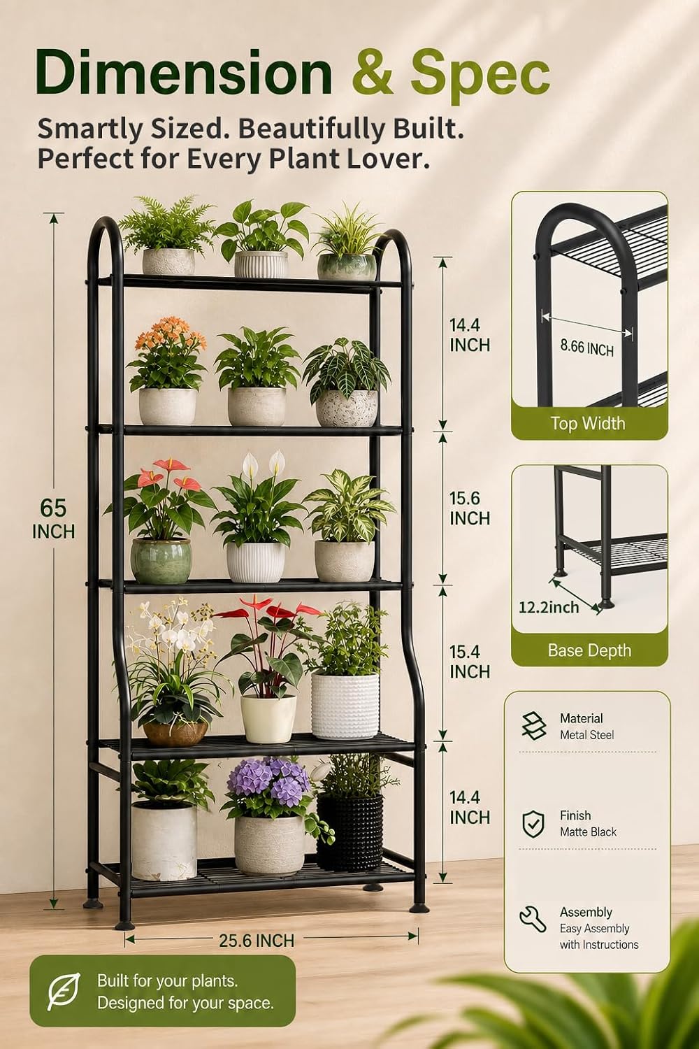 Black 5‑Tier Tall Metal Plant Stand