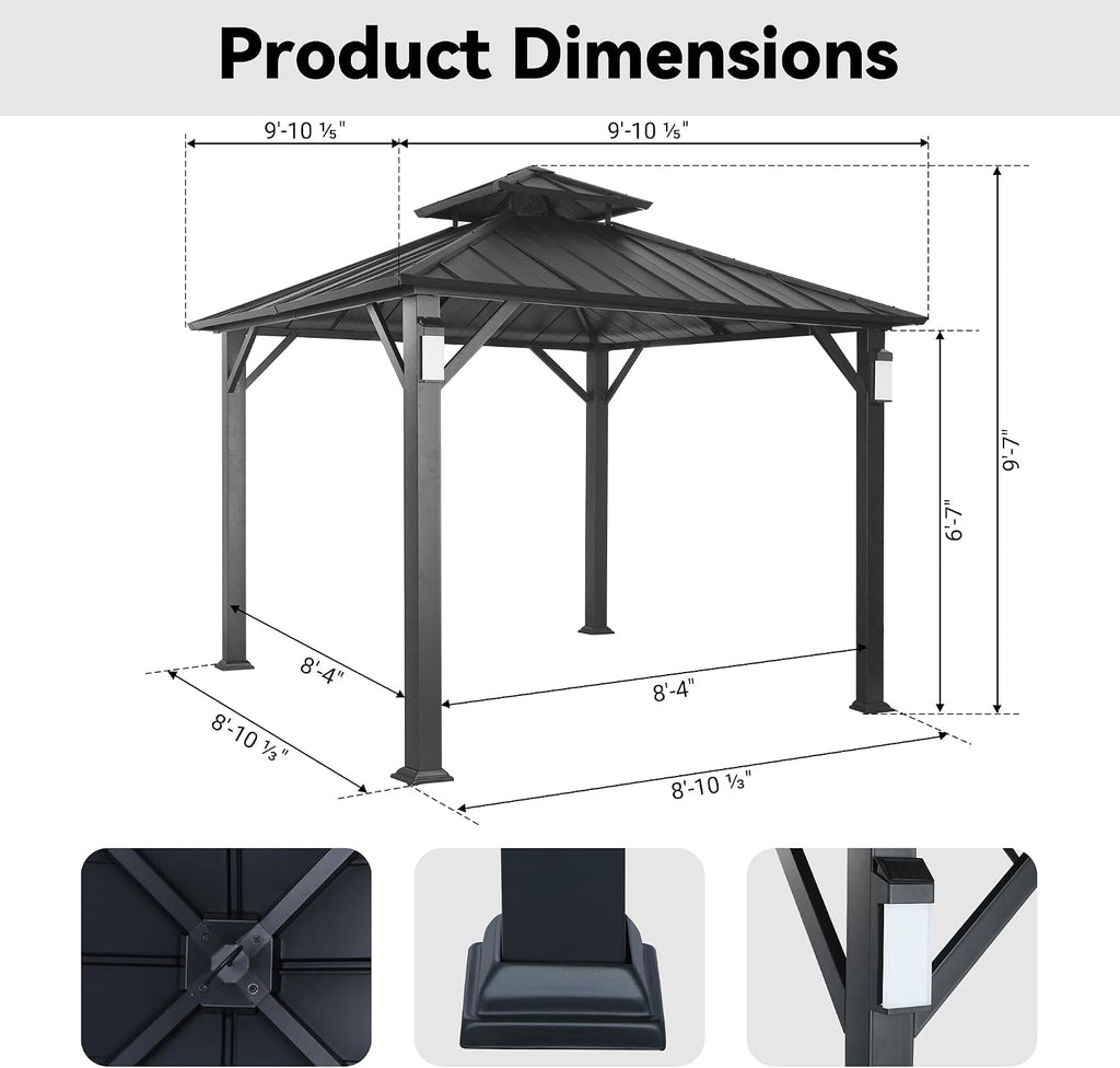 Black 10'x10' Hardtop Gazebo With LED Lights