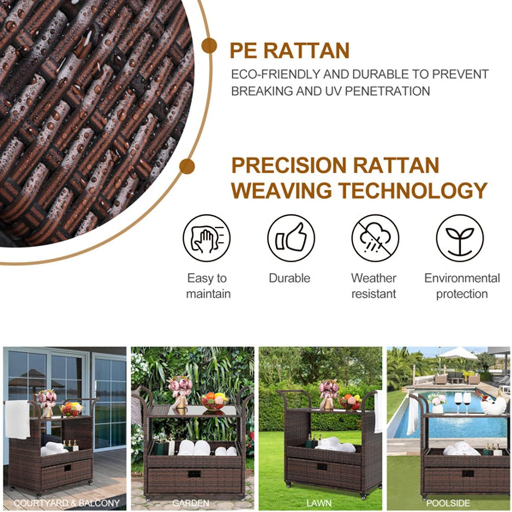 Wicker Outdoor Rolling Bar Cart