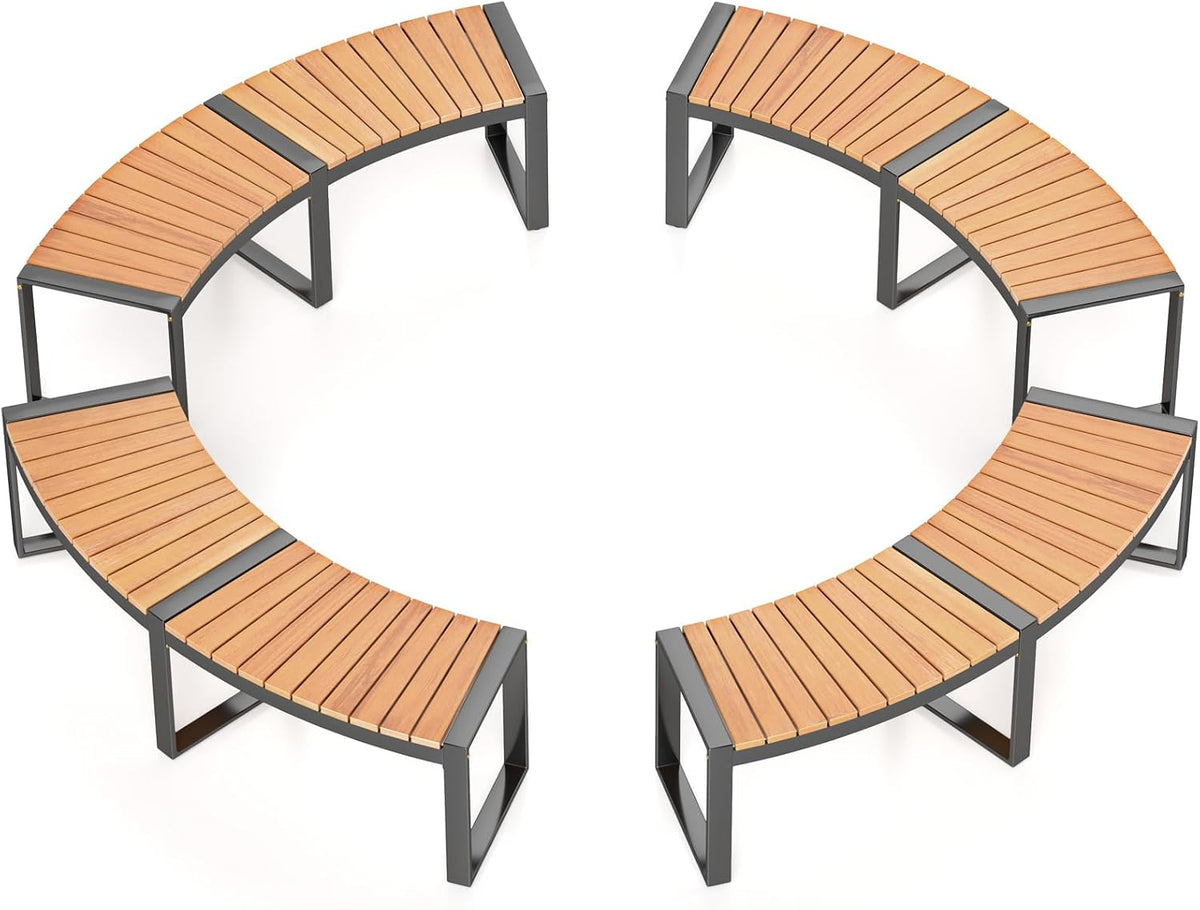 Acacia Wood Curved Fire Pit Bench Set‑4