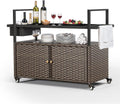 Brown Rattan Rolling Outdoor Bar Cart