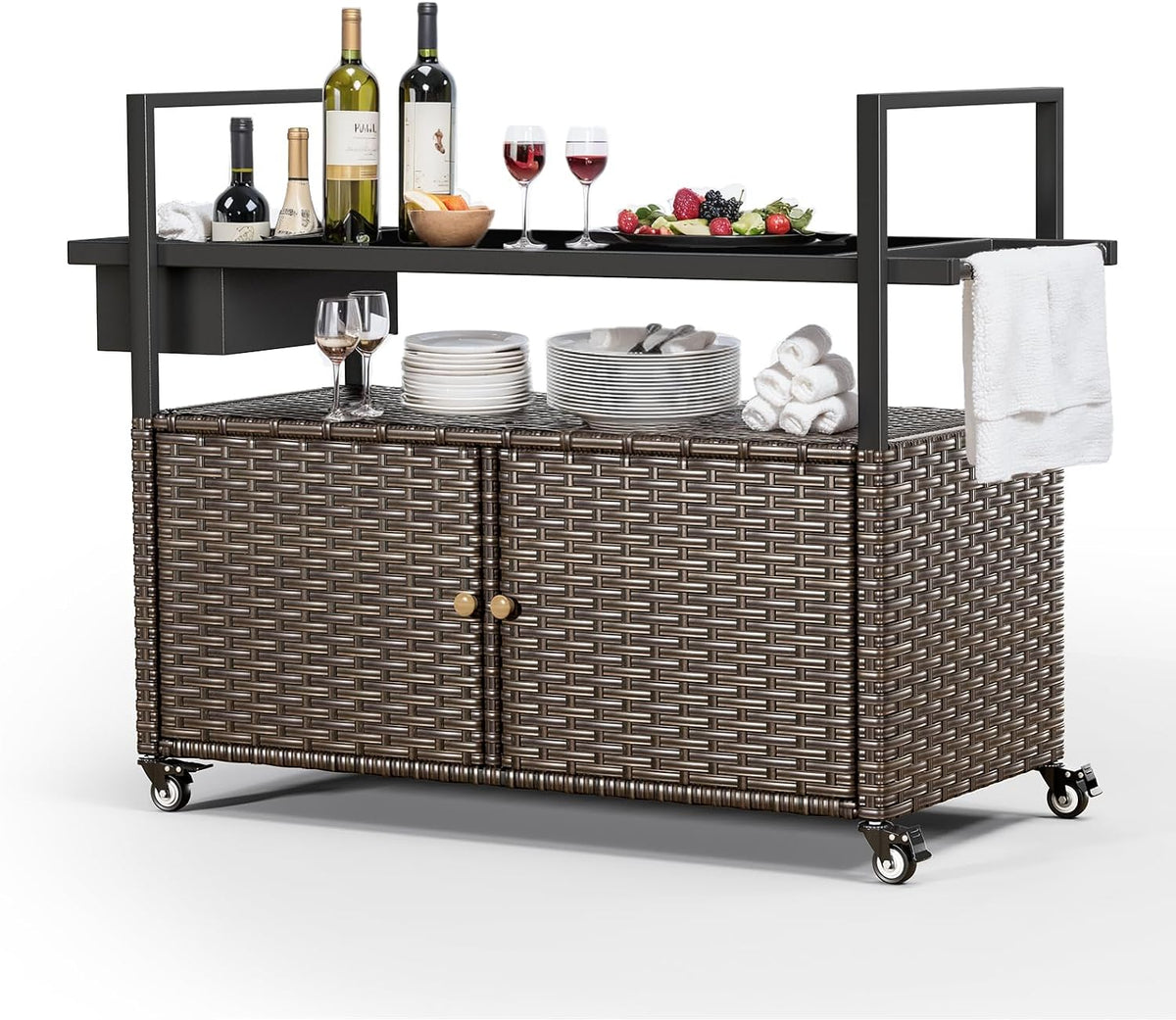 Brown Rattan Rolling Outdoor Bar Cart