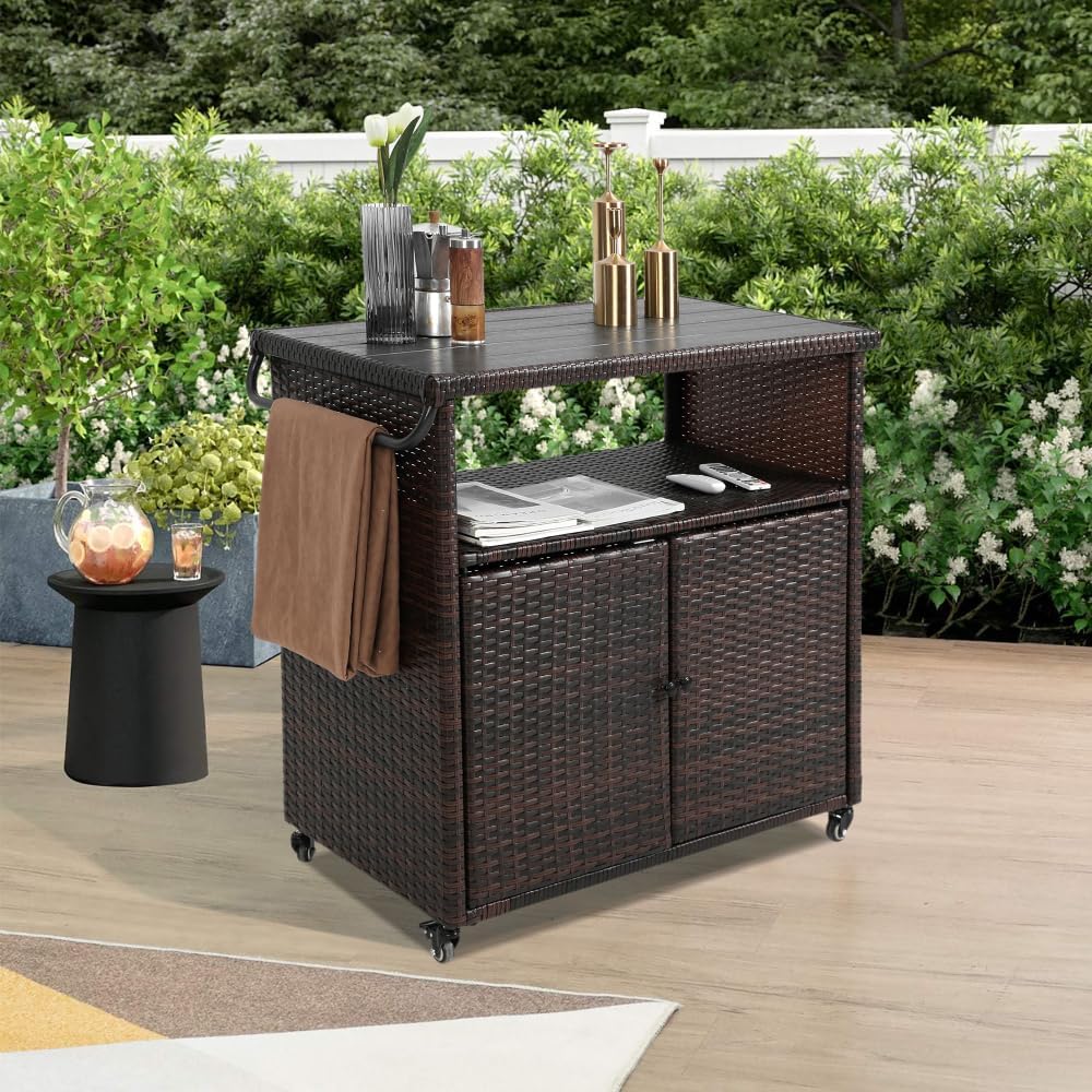 Wicker Rolling Outdoor Bar Cart With Storage