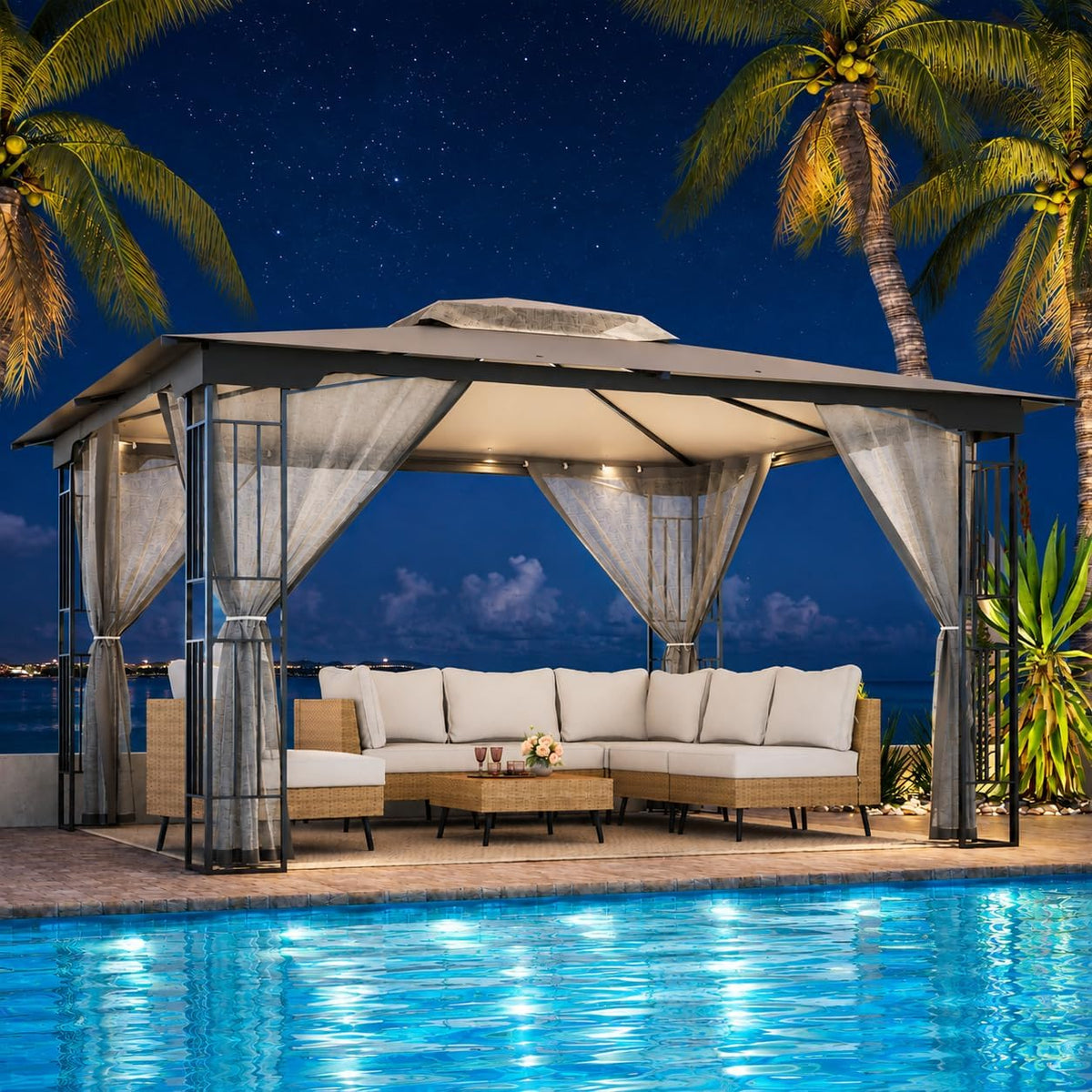 Gray 13'x11' Steel Double‑Tier Roof Gazebo