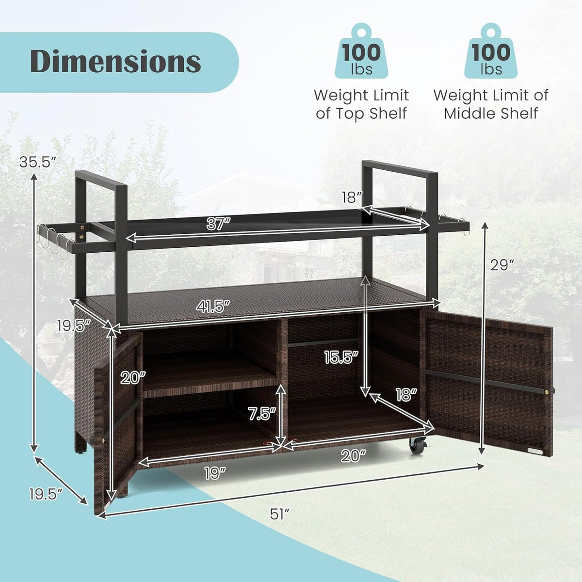 Mix Brown Wicker Rolling Outdoor Bar Cart