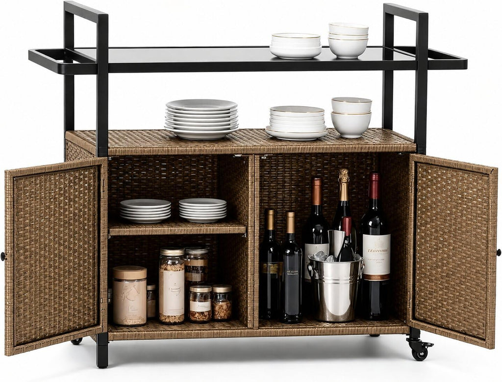 Brown Wicker Rolling Outdoor Bar Cart