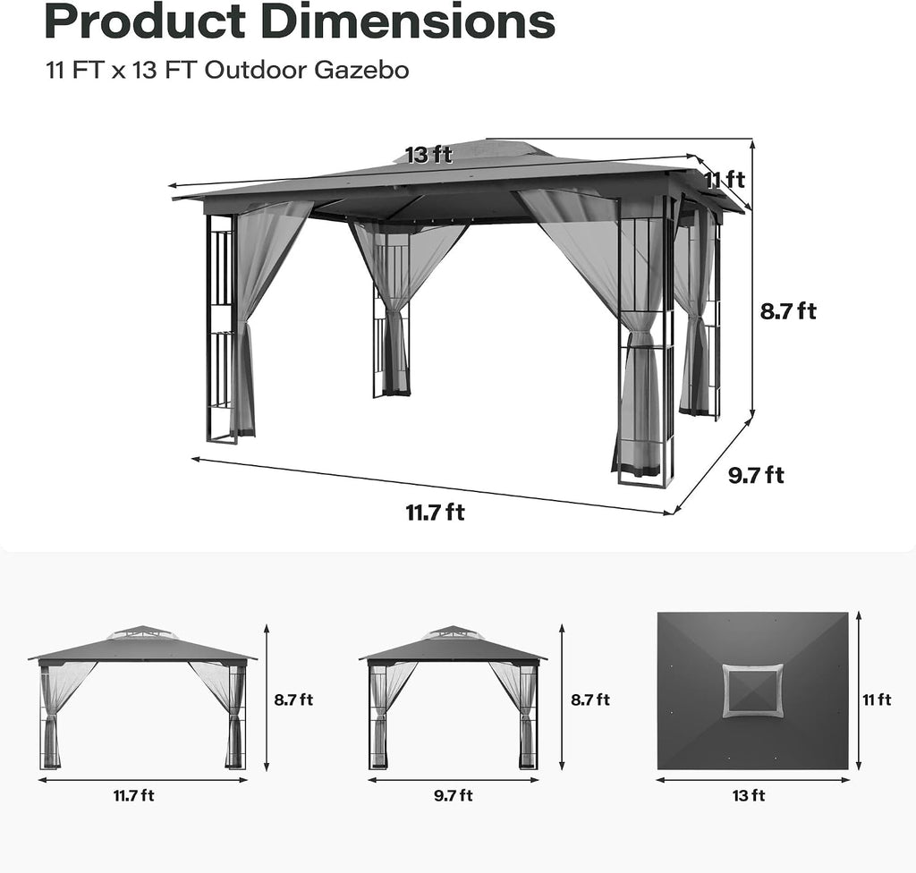 Gray 13'x11' Steel Double‑Tier Roof Gazebo
