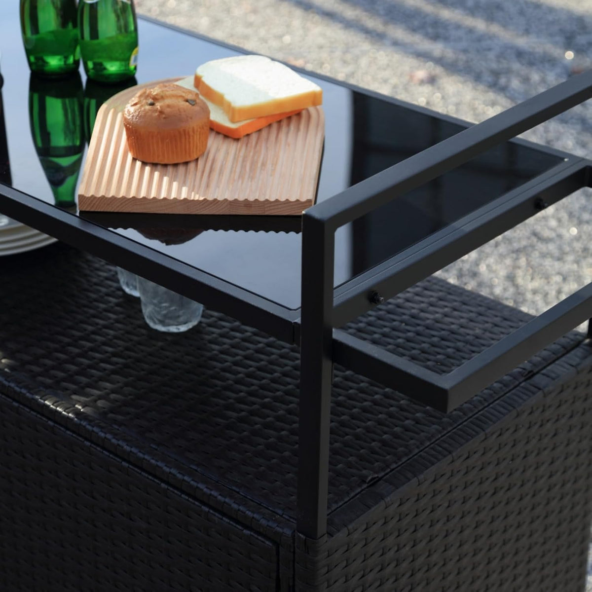 Black Wicker Rolling Outdoor Bar Cart