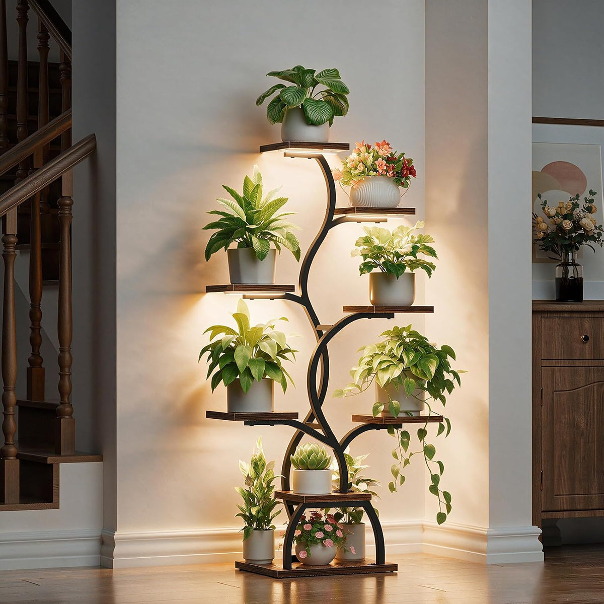 Brown 8‑Tier Corner Plant Stand With Grow Light