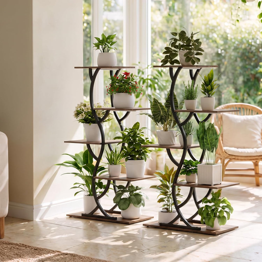 Brown 5‑Tier S‑Shape Plant Stand With Grow Lights