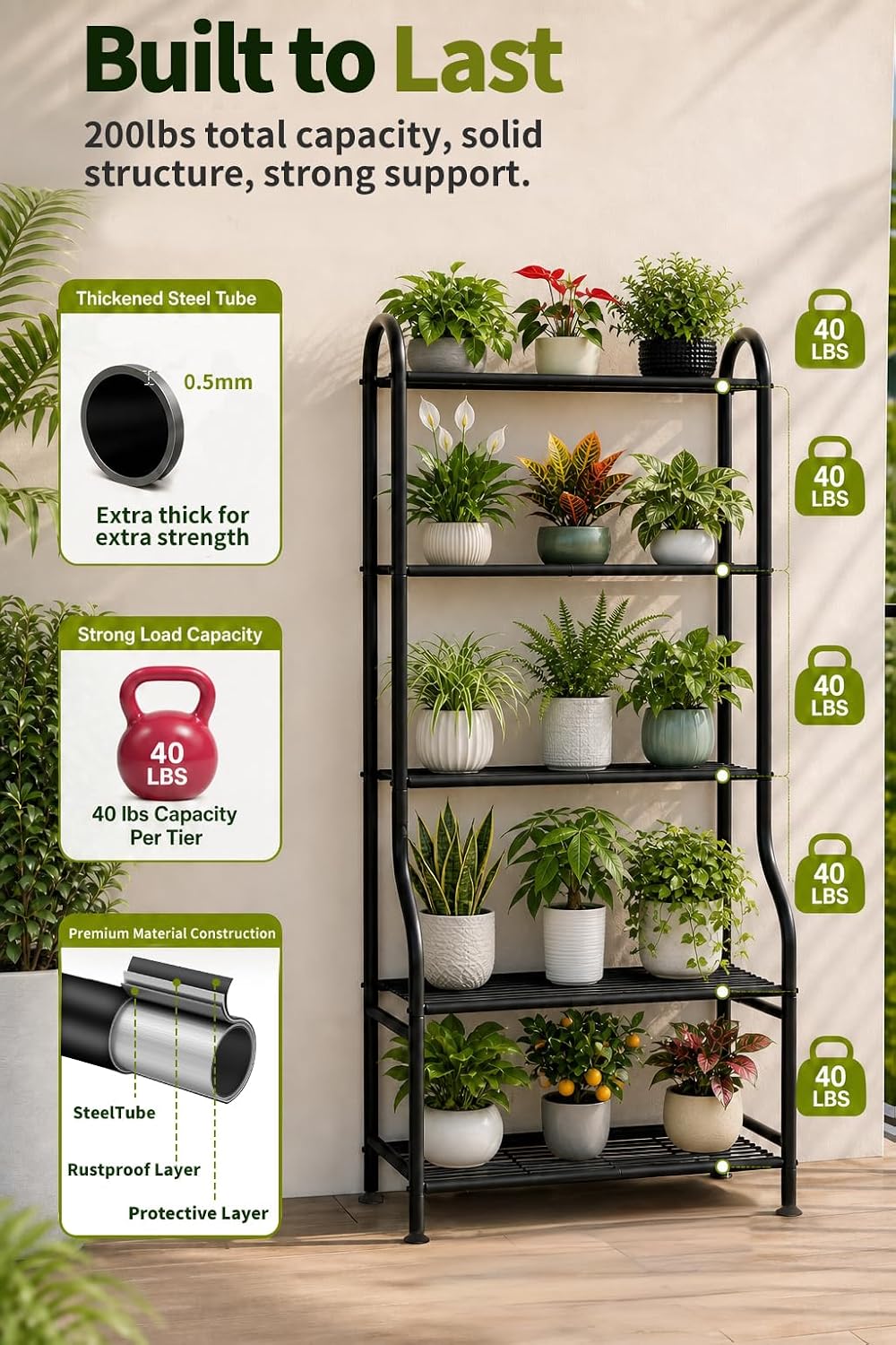 Black 5‑Tier Tall Metal Plant Stand