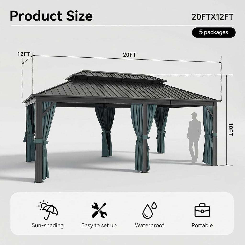 Black 12'x20' Hardtop Gazebo With Flame‑Retardant Curtain