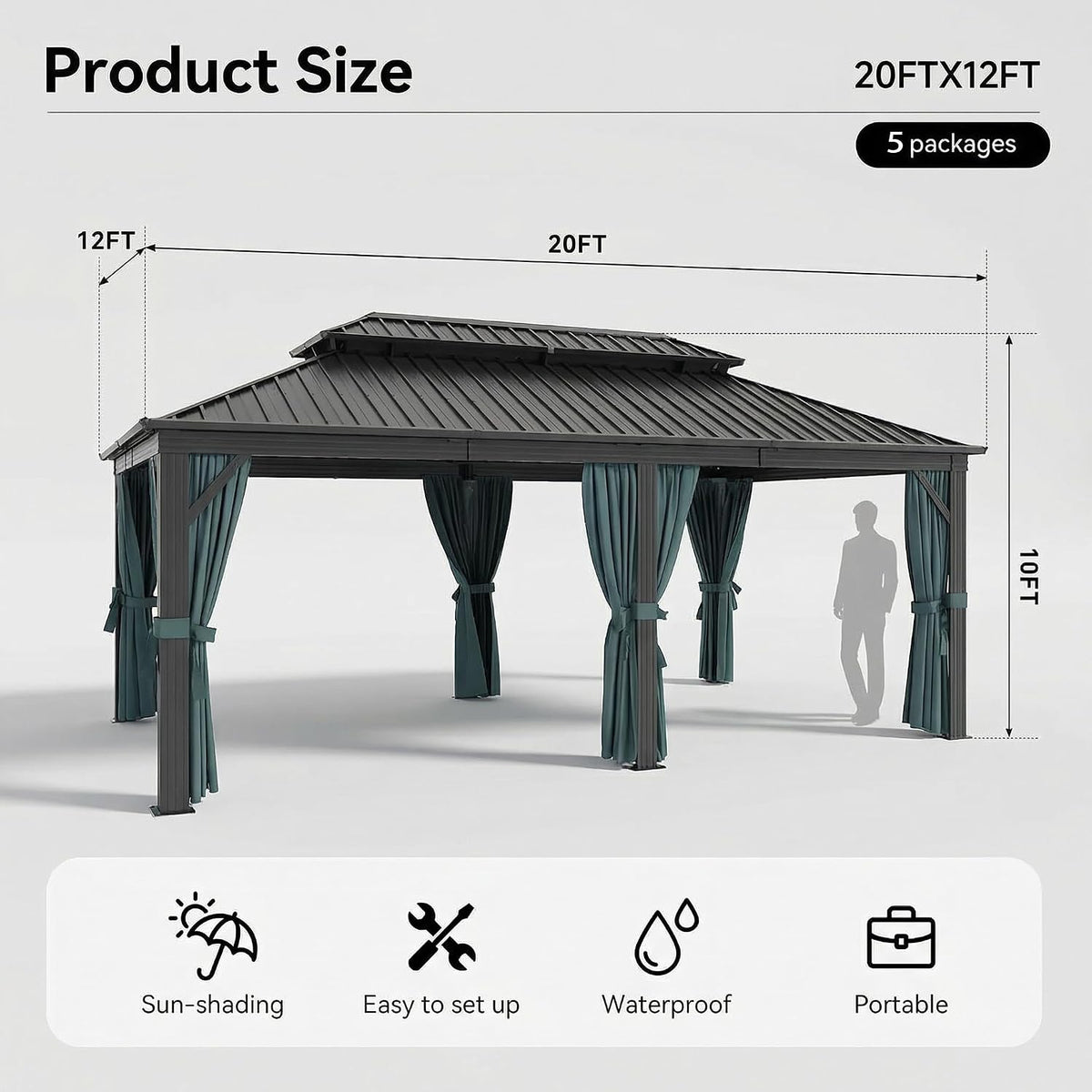 Black 12'x20' Hardtop Gazebo With Flame‑Retardant Curtain