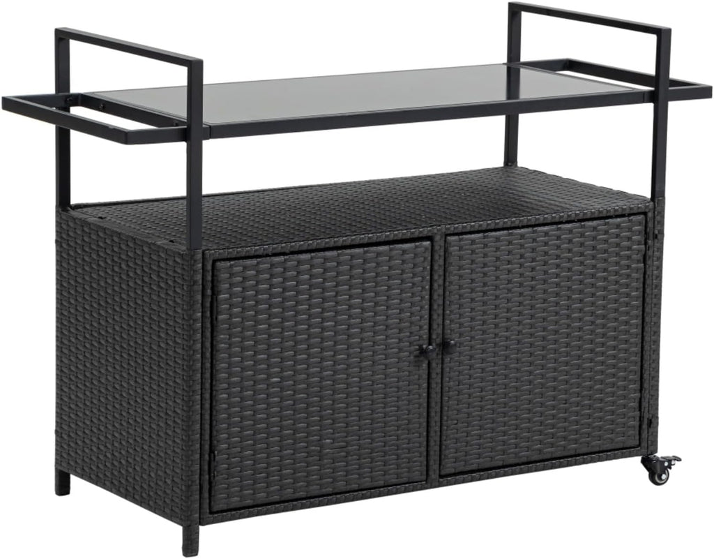 Black Wicker Rolling Outdoor Bar Cart