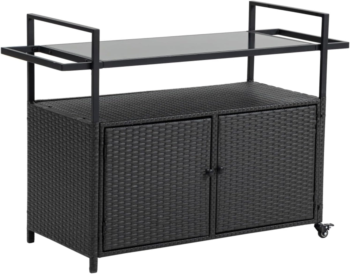 Black Wicker Rolling Outdoor Bar Cart