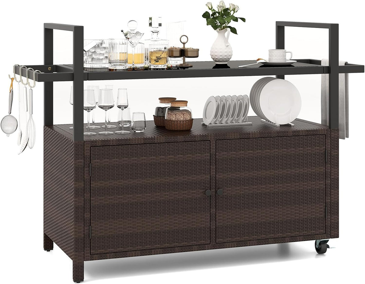 Mix Brown Wicker Rolling Outdoor Bar Cart