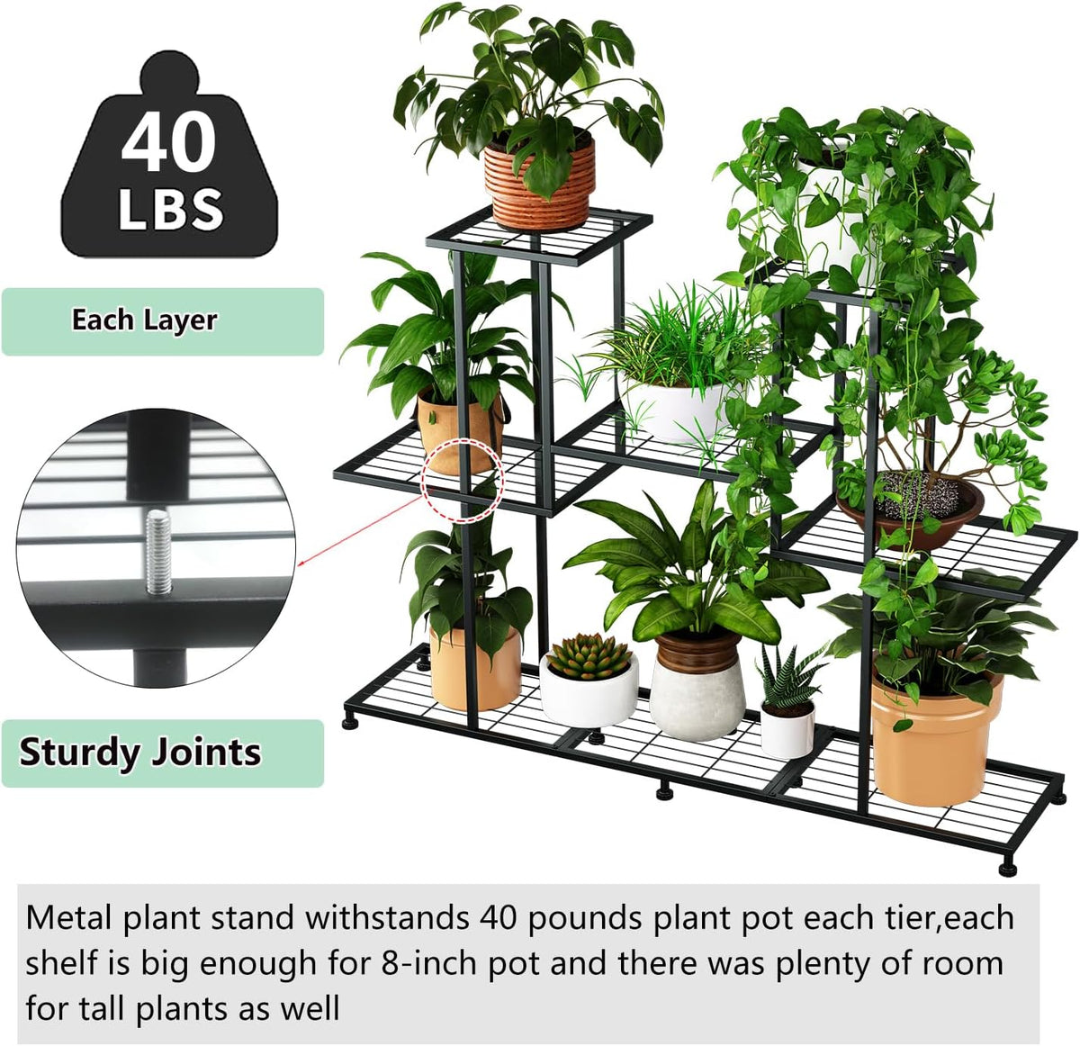 Black 4‑Tier Metal Plant Stand For 12 Pots