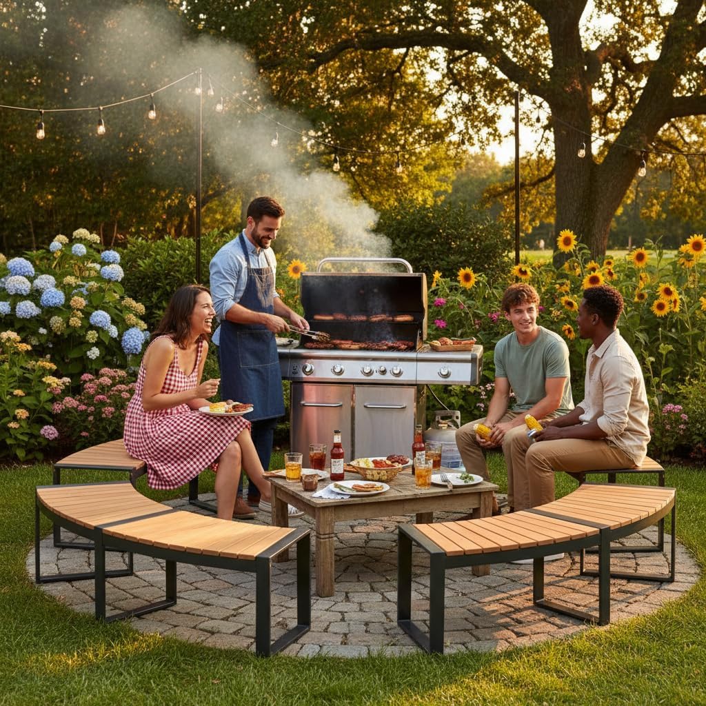 Acacia Wood Curved Fire Pit Bench Set‑4