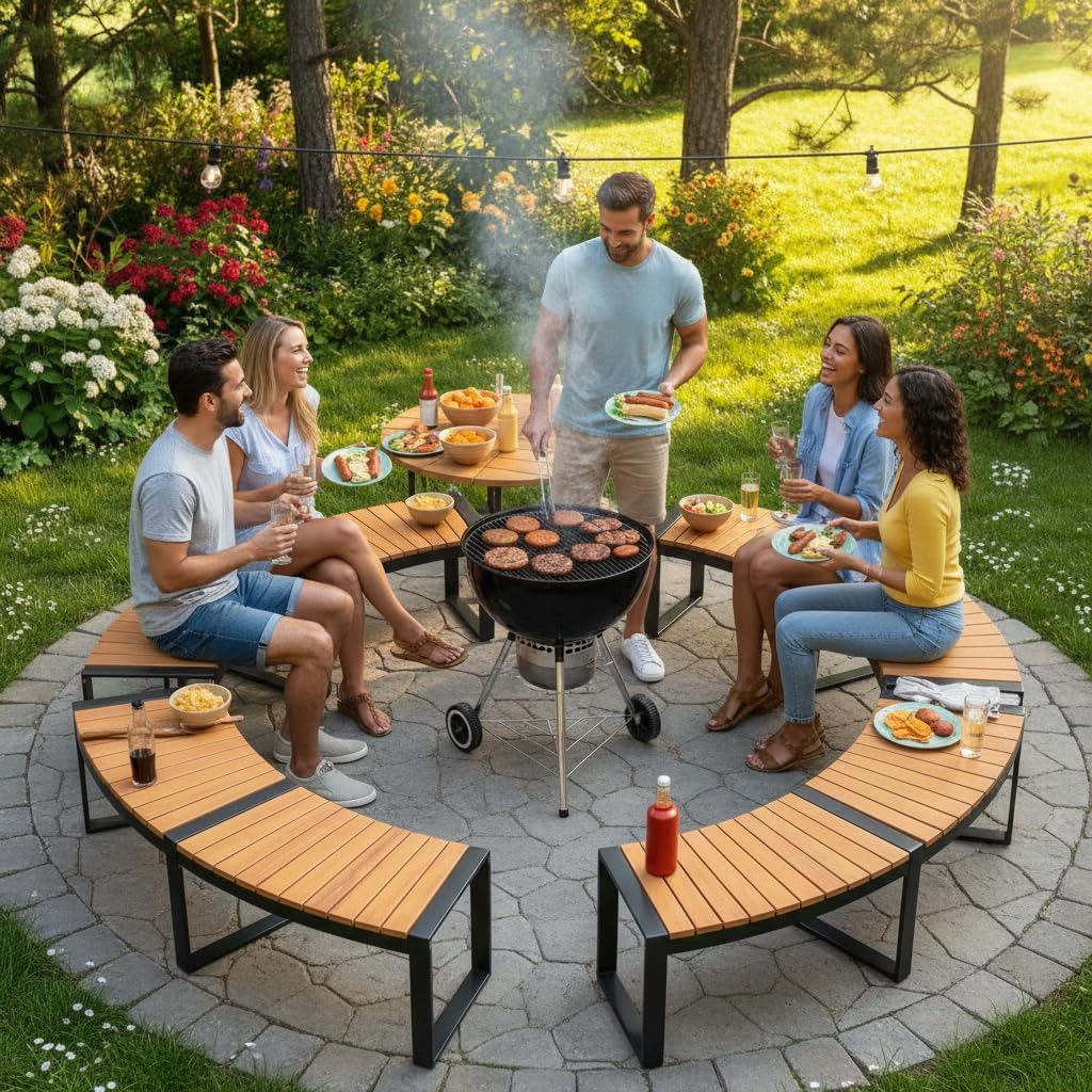 Acacia Wood Curved Fire Pit Bench Set‑4