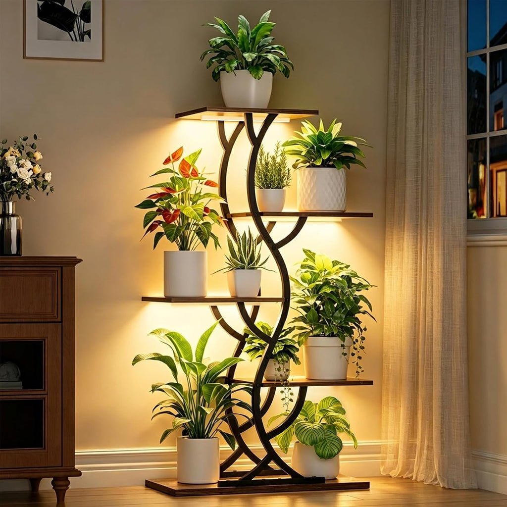 Brown 5‑Tier S‑Shape Plant Stand With Grow Lights