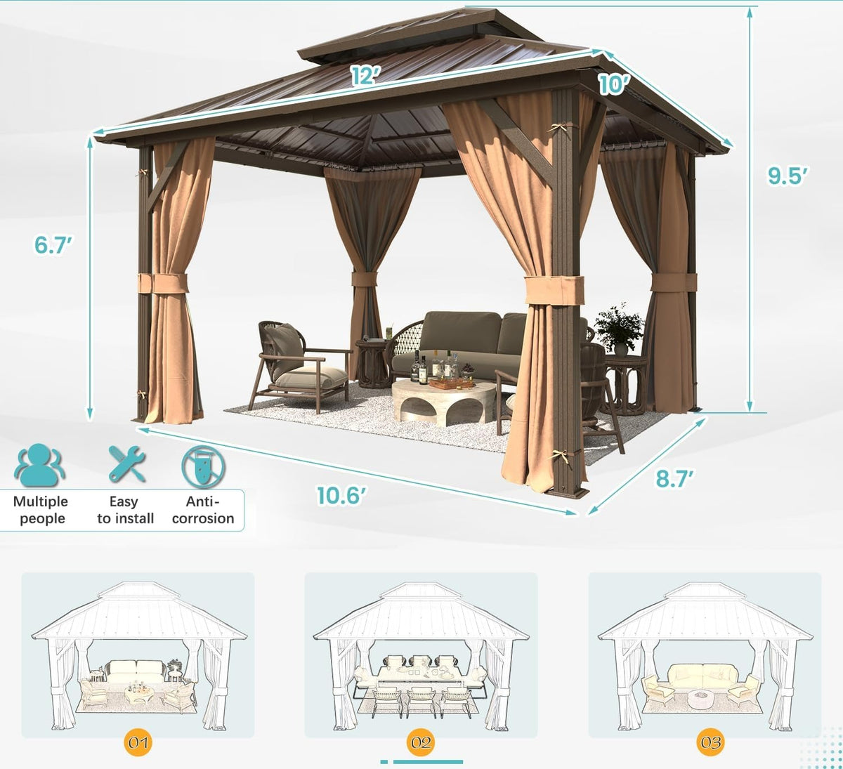 10'x12' Aluminum Hardtop Gazebo With Curtain & Netting