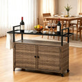 Brown Wicker Rolling Outdoor Bar Cart