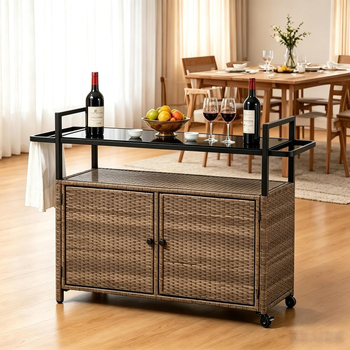 Brown Wicker Rolling Outdoor Bar Cart