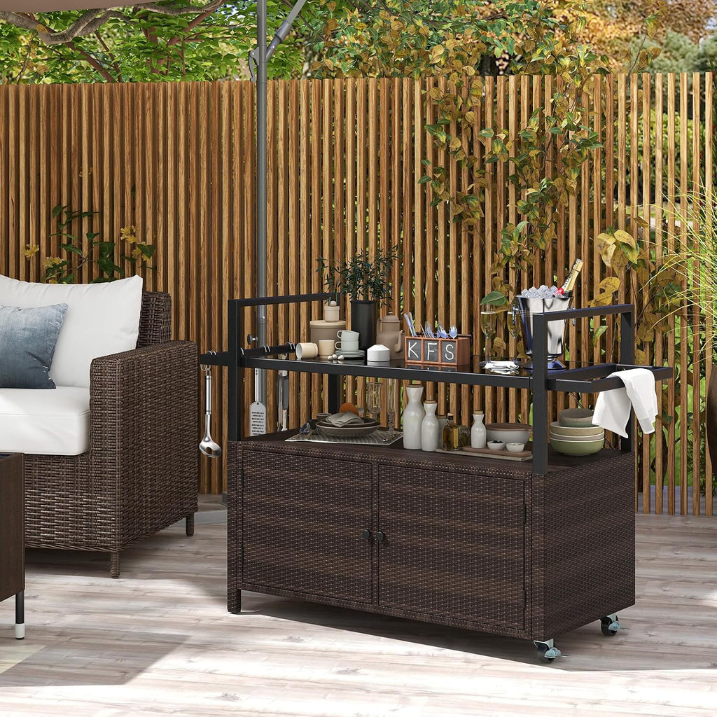 Mix Brown Wicker Rolling Outdoor Bar Cart