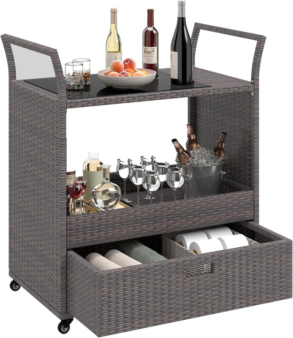 Wicker Rolling Outdoor Serving Bar Cart