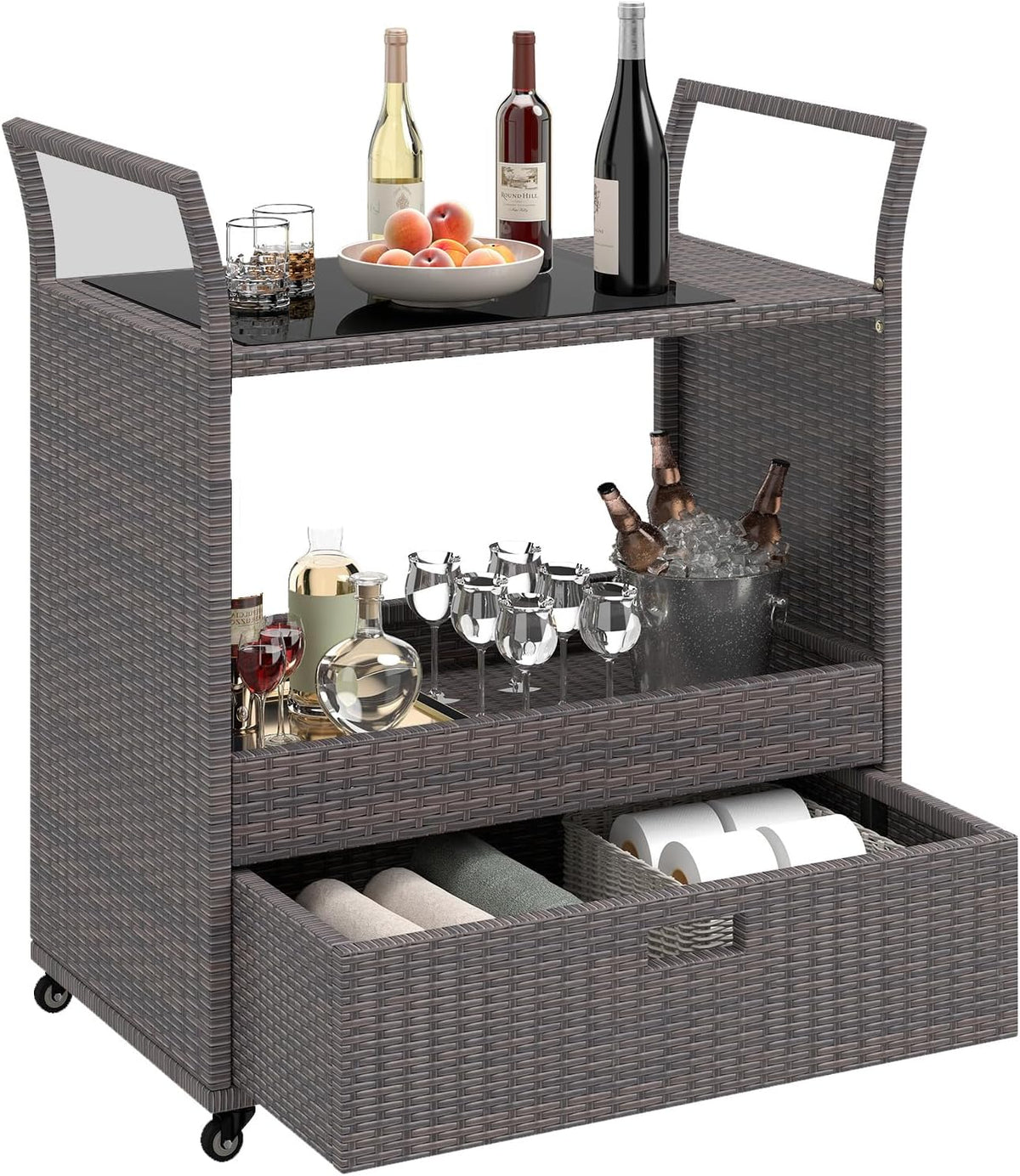 Wicker Rolling Outdoor Serving Bar Cart