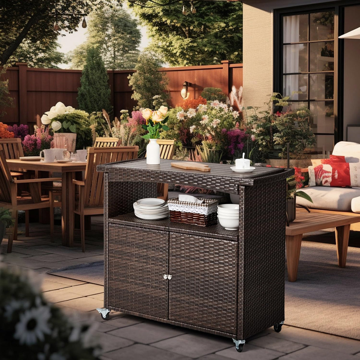 Brown Wicker Rolling Outdoor Bar Cart
