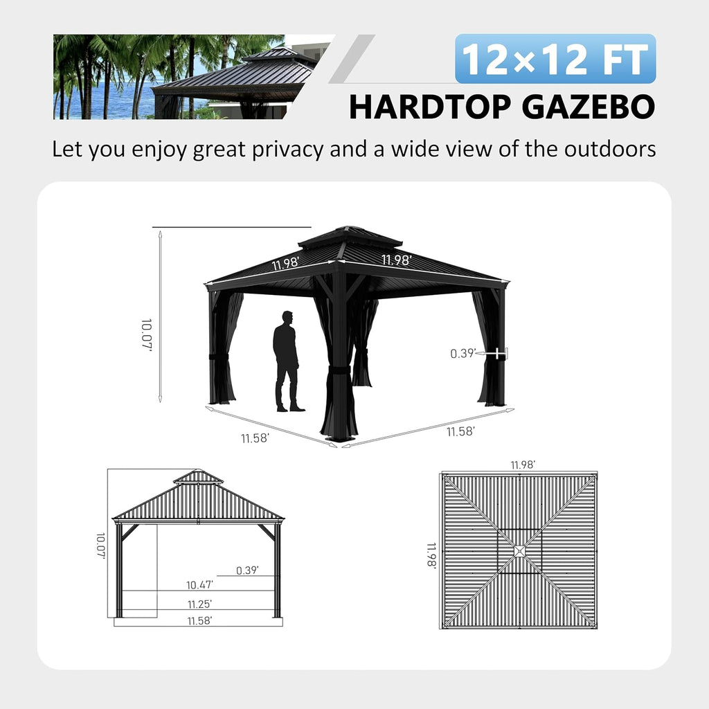 Black 12'x12' Hardtop Gazebo With Mosquito Netting