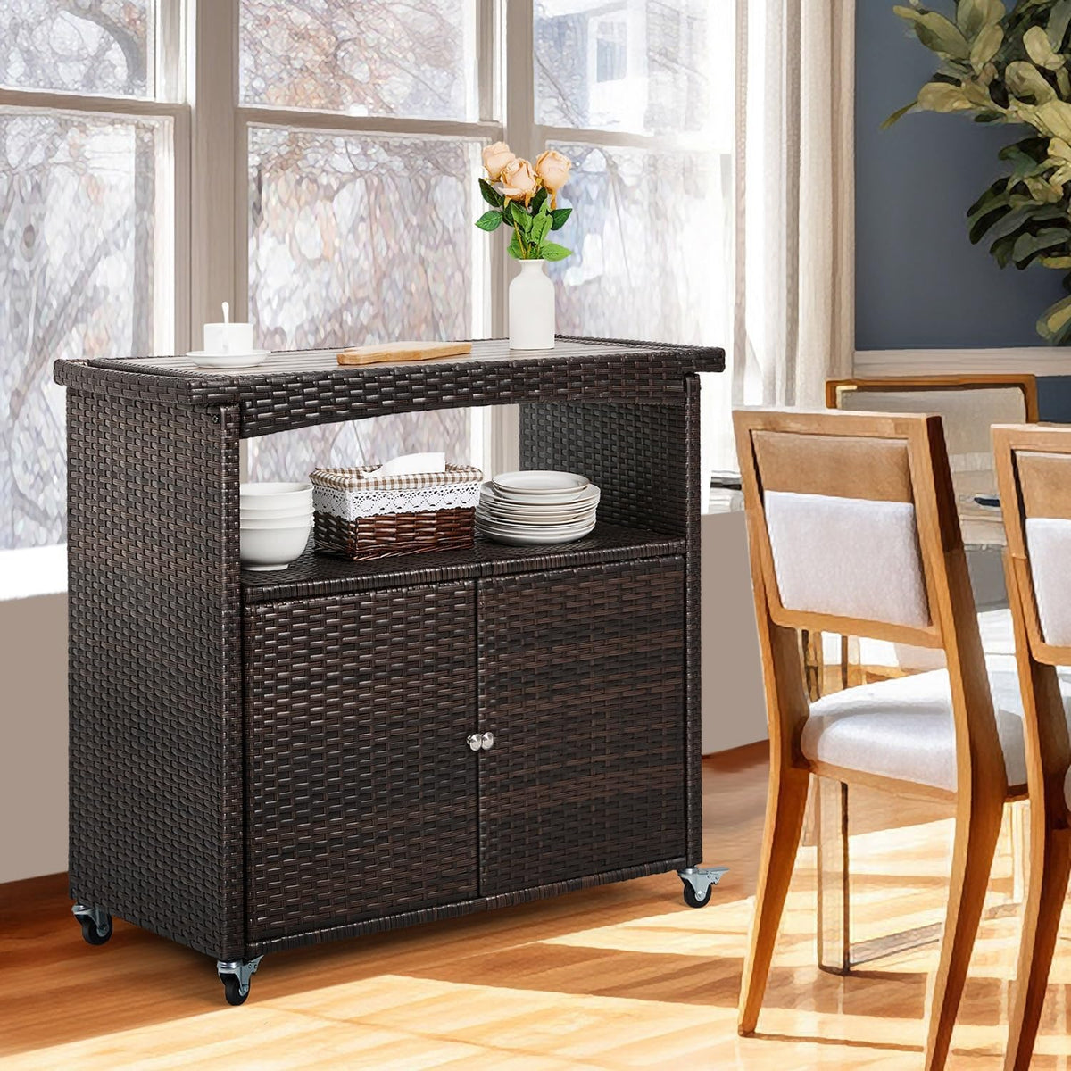 Brown Wicker Rolling Outdoor Bar Cart